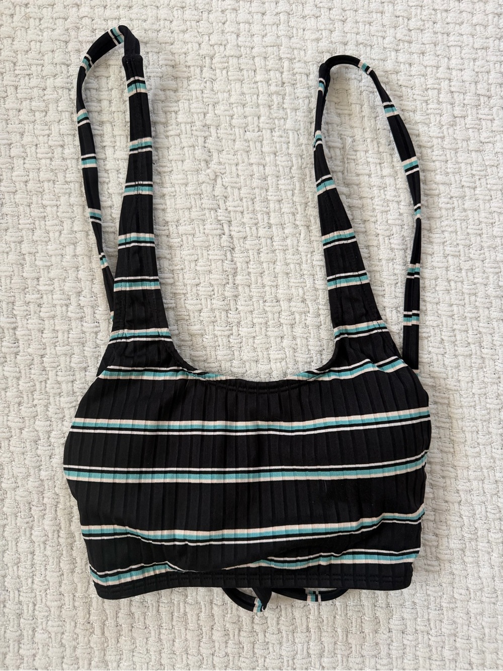 Black Striped Ribbed Swim Top with Teal Accent